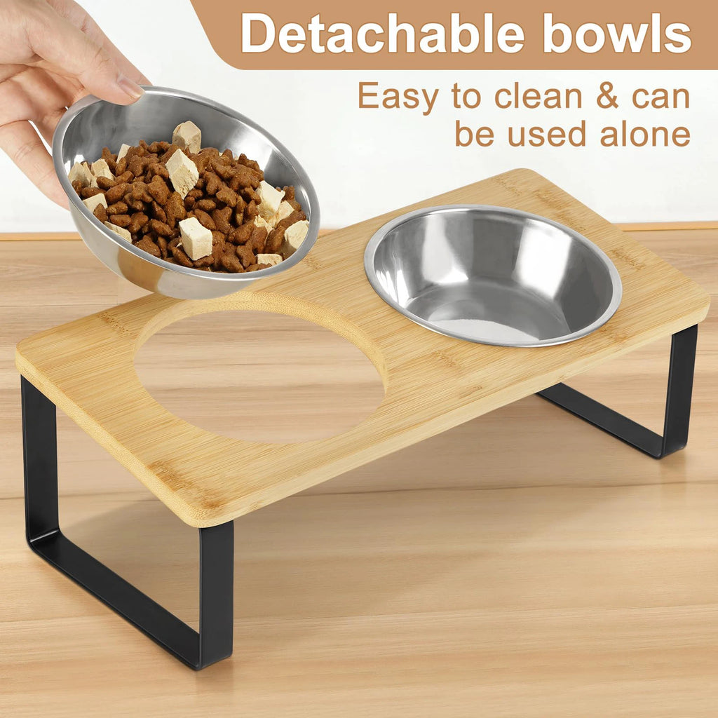 15° Tilted Elevated Cat Bowls with Wooden Stand (2 Stainless Steel Bowls)