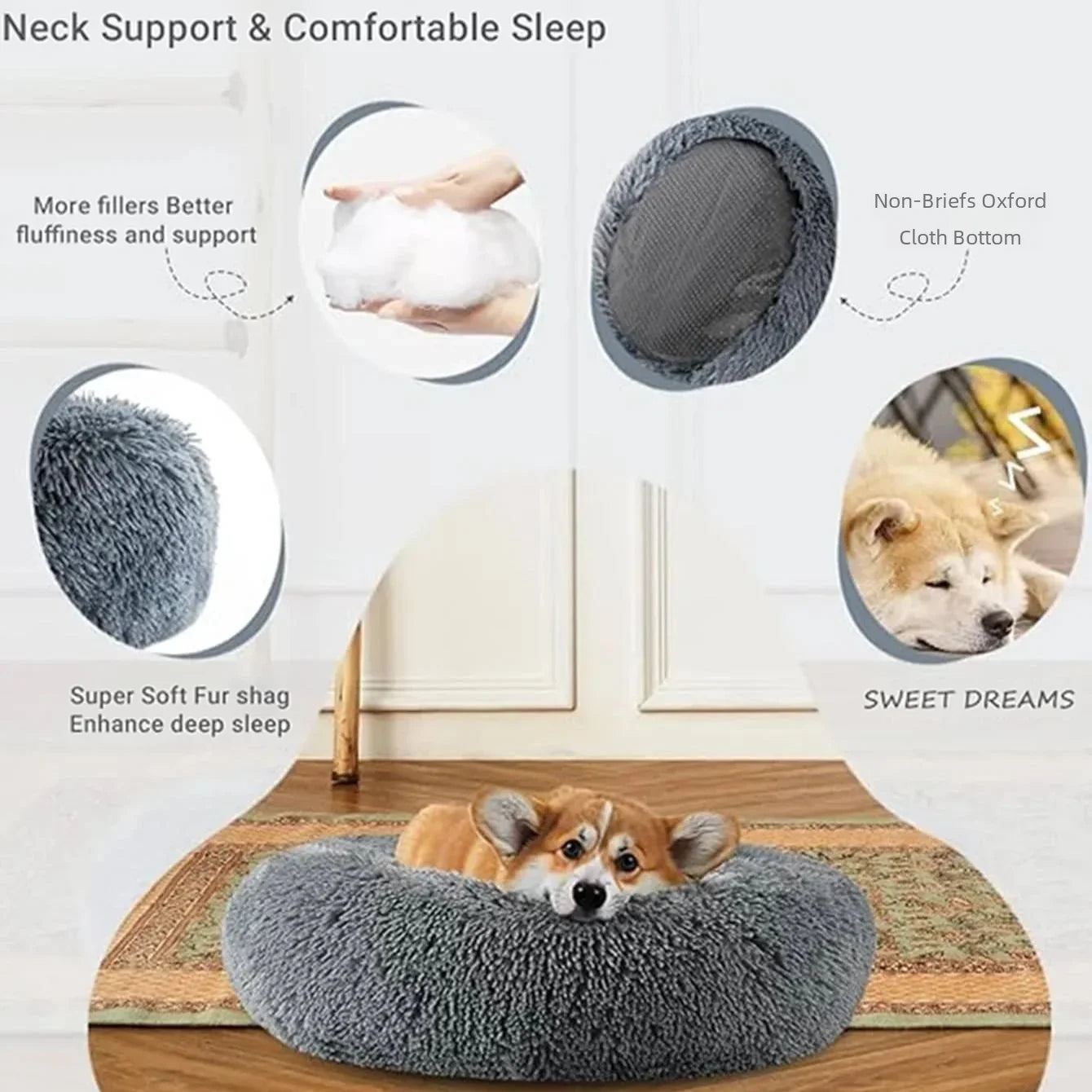 Round Plush Pet Bed (40–90cm) for Medium–Large Dogs & Cats