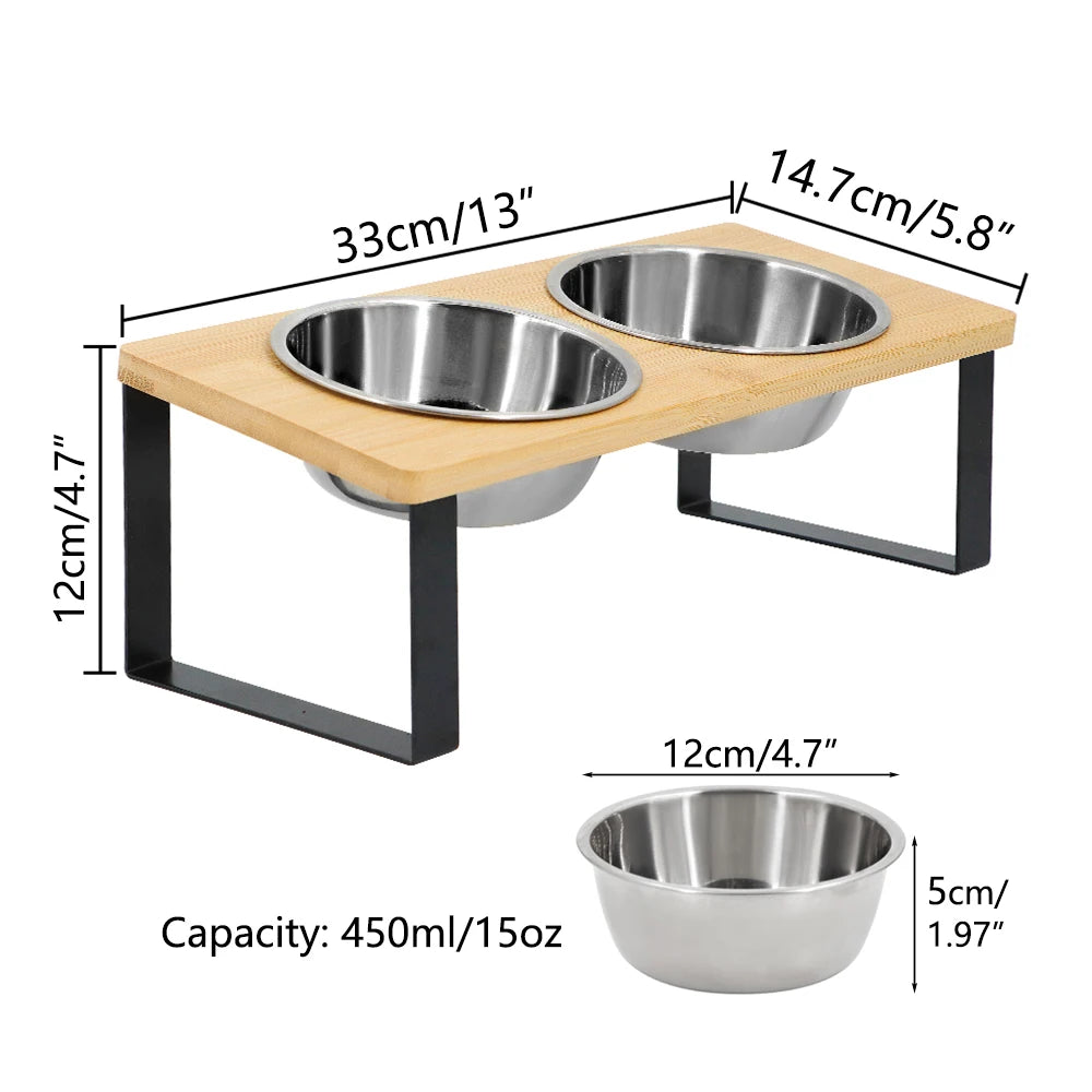 15° Tilted Elevated Cat Bowls with Wooden Stand (2 Stainless Steel Bowls)
