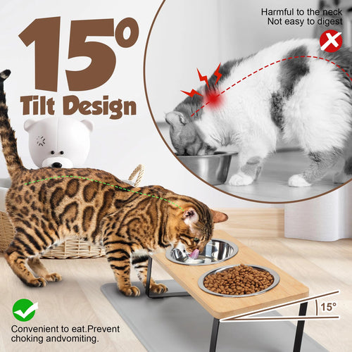 15° Tilted Elevated Cat Bowls with Wooden Stand (2 Stainless Steel Bowls)